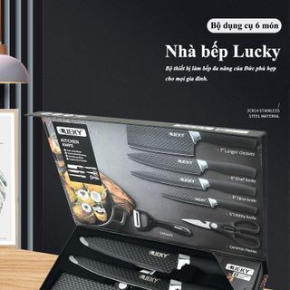 Bộ dao làm bếp 6 món Lucky thiết kế vân kim cương chống dính không gỉ sắc bén vô cùng tiện lợi.