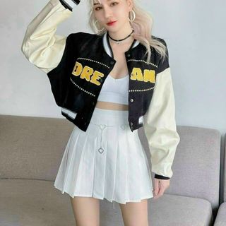 Áo khoác da lộn bomber croptop logo thêu nổi