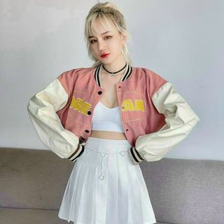 Áo khoác da lộn bomber croptop logo thêu nổi