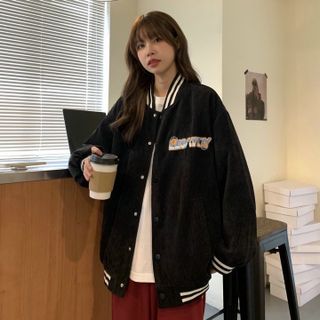 Áo khoác nhung 2 lớp logo thêu kiểu bomber