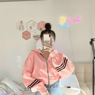 Áo khoác 2 nón croptop tay chạy sọc viền