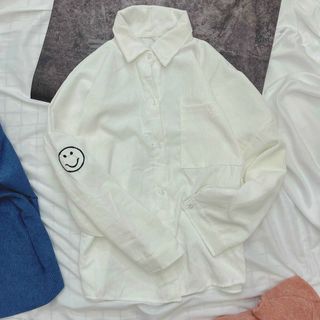 Áo khoác sơ mi nhung tăm logo thêu mặt cười