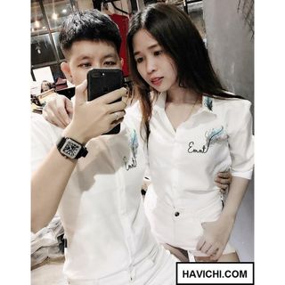 Áo Sơ Mi nữ, Sơ mi Cặp Đôi Nam Nữ Trắng hàn quốc Unisex dễ thương chữ dễ thương phong cách cá tính giá sỉ