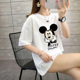Áo thun nữ 𝐅𝐑𝐄𝐄𝐒𝐇𝐈𝐏Áo thun nữ form rộng freesize mickey trắng đen thoáng mát, mềm mịn, phong cách