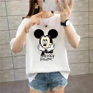 Áo thun nữ 𝐅𝐑𝐄𝐄𝐒𝐇𝐈𝐏Áo thun nữ form rộng freesize mickey trắng đen thoáng mát, mềm mịn, phong cách