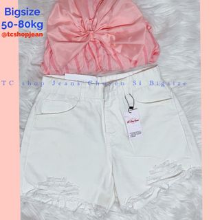 Quần short Jeans Bigsize Nữ TCshopjean Trắng Rách Lưng Cao 50 đến 80kg Ms 1051