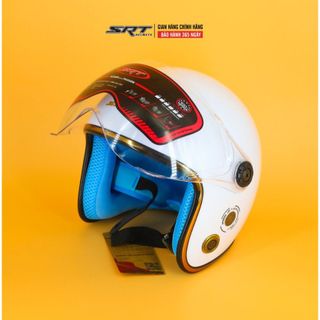 Mũ bảo hiểm 3/4 SRT màu trắng lót xanh viềng đồng