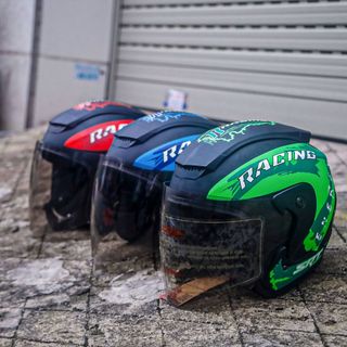 Mũ 3/4 SRT cao cấp tem Racing đỏ kính khói chống lóa - lót kháng khuẩn hạn chế mùi hôi tối đa