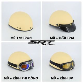 (xưởng sản xuất mũ bảo hiểm) Mũ bảo hiểm nửa đầu SRT trơn nhiều màu kèm kính UV, kính phi công, nón bảo hiểm 1 2 freesize