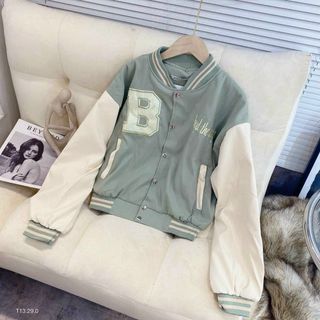 Áo khoác bomber croptop da lộn 2 lớp, logo thêu chữ B form 65kg