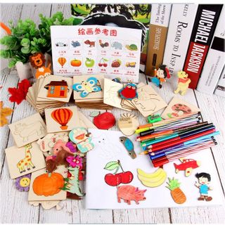 Bộ Đồ Chơi Vẽ Tranh Bộ Khuôn Vẽ Bằng Gỗ Kèm Bút Màu Thỏa Sức Sáng Tạo - Tặng muỗng ăn cho bé Set Bộ Vẽ Khuôn Gỗ Cho Bé