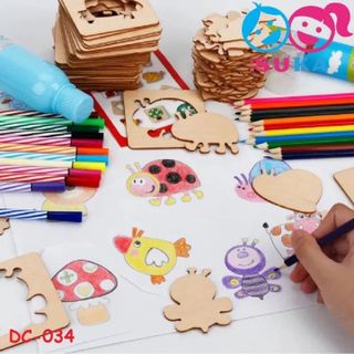 Bộ Đồ Chơi Vẽ Tranh Bộ Khuôn Vẽ Bằng Gỗ Kèm Bút Màu Thỏa Sức Sáng Tạo - Tặng muỗng ăn cho bé Set Bộ Vẽ Khuôn Gỗ Cho Bé
