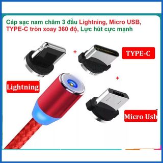 Dây Sạc Nam Châm 3 Đầu iPhone , Android , type C Xoay 360 Độ Dây Dù Có LED cao cấp giá sỉ