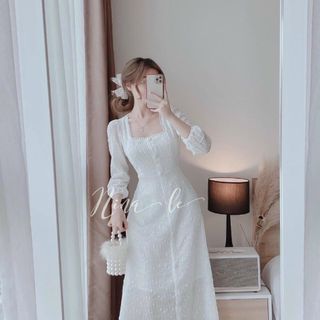 Đầm tay dài nút bọc có dây cột eo phía sau dáng dài qua gối