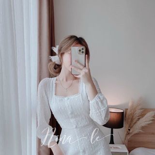 Đầm tay dài nút bọc có dây cột eo phía sau dáng dài qua gối
