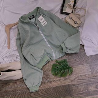 Áo khoác da lộn bomber croptop trơn