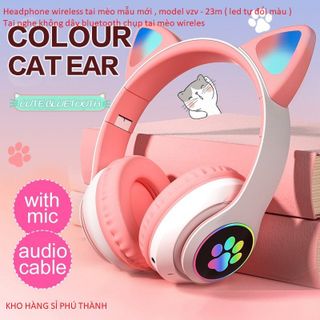 Headphone wireless tai mèo mẫu mới , model vzv - 23m ( led tự đổi màu )Tai nghe không dây bluetooth chụp tai mèo wireles