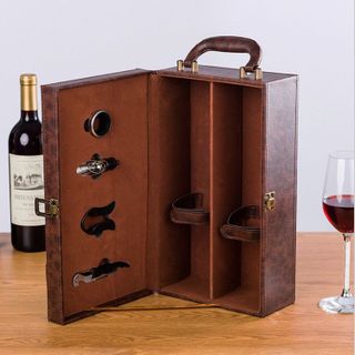 Hộp Rượu Vang, Hộp Đựng Rượu Da PU GDS Nâu Đậm Quà Tặng Cao Cấp