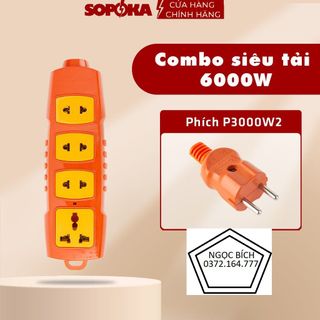 Combo Ổ cắm điện lõi sứ chống cháy SOPOKA 4S-6000W và Phích cắm siêu chịu tải SOPOKA P3000W2+