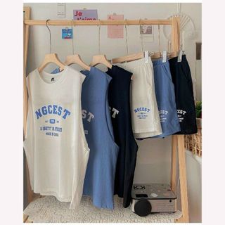 Đồ bộ ba lỗ in quần đùi ống rộng thun cotton form dưới 65kg