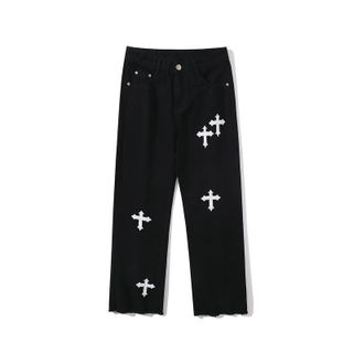 Quần Jeans Ống Rộng Unisex Nam Nữ Thêu Chữ Thập Cao Cấp