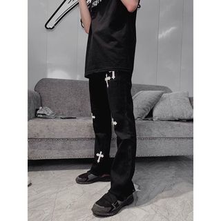 Quần Jeans Ống Rộng Unisex Nam Nữ Thêu Chữ Thập Cao Cấp