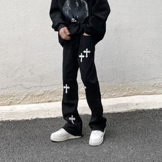 Quần Jeans Ống Rộng Unisex Nam Nữ Thêu Chữ Thập Cao Cấp