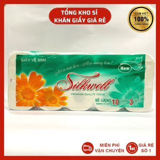 Giấy vệ sinh Silkwell Xanh ngọc 10 cuộn 3 lớp có lõi, giấy vệ sinh siêu mềm mịn không tẩy trắng hàng chính hãng giá sỉ