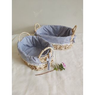 Khay cói oval có quai kèm vải lót cotton, giỏ đan từ sợi buông hàng VN, hình thật chụp