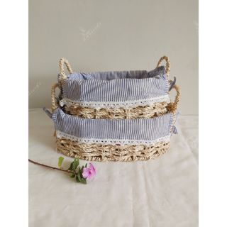 Khay cói oval có quai kèm vải lót cotton, giỏ đan từ sợi buông hàng VN, hình thật chụp