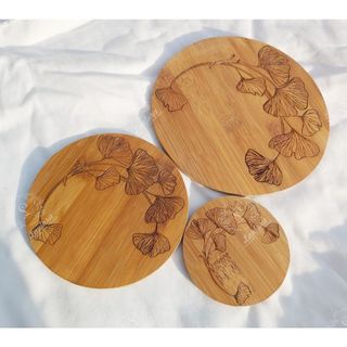 Miếng lót nồi, đế lót bình hoa tròn, họa tiết lá bạch quả bằng gỗ tre ép 100%, bamboo coaster