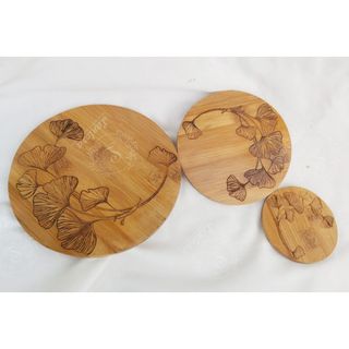 Miếng lót nồi, đế lót bình hoa tròn, họa tiết lá bạch quả bằng gỗ tre ép 100%, bamboo coaster