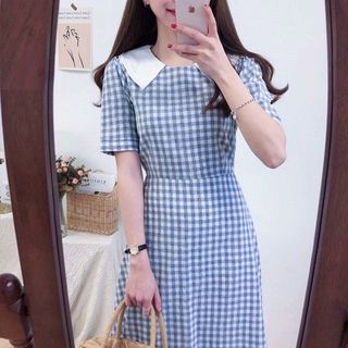 Đầm váy caro xanh phối trắng (kèm hình thật)