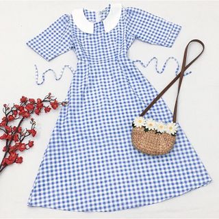 Đầm váy caro xanh phối trắng (kèm hình thật)