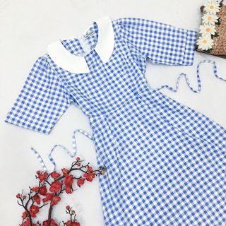 Đầm váy caro xanh phối trắng (kèm hình thật)
