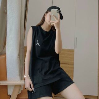 Đồ bộ mặc nhà logo thêu thun cotton áo ba lỗ quần đùi