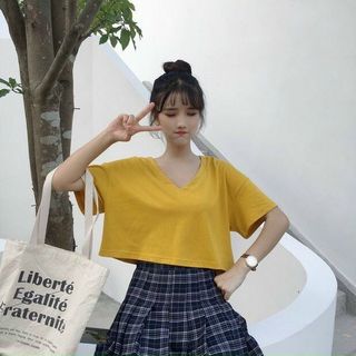 Áo thun cotton cổ tim trơn croptop