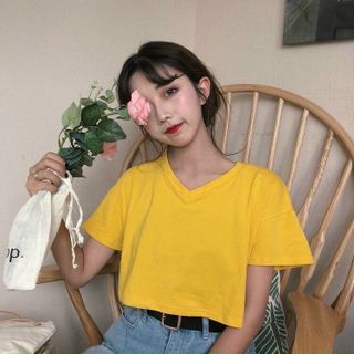 Áo thun cotton cổ tim trơn croptop