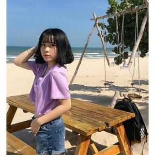 Áo thun cotton cổ tim trơn croptop