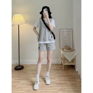 Đồ bộ mặc nhà thun cotton logo in NO.9 tay lỡ quần đùi