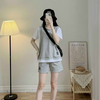 Đồ bộ mặc nhà thun cotton logo in NO.9 tay lỡ quần đùi