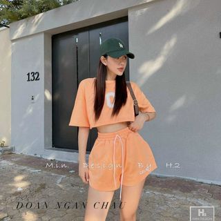 Sét bộ áo quần croptop quần đùi rộng logo in chữ C