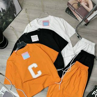 Sét bộ áo quần croptop quần đùi rộng logo in chữ C
