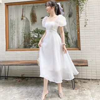 Đầm váy trắng đi tiệc form dài tay bo