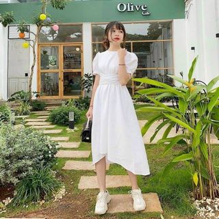 Đầm váy trắng form dài lệch tà (kèm hình thật)