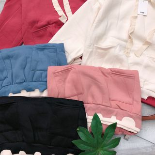 Hoodi trơn phối viền, túi kiểu