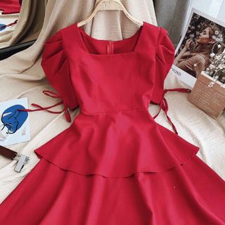 Đầm đỏ tay phồng 2 tầng (kèm hình thật)