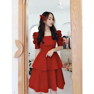 Đầm đỏ tay phồng 2 tầng (kèm hình thật)