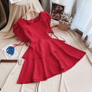 Đầm đỏ tay phồng 2 tầng (kèm hình thật)
