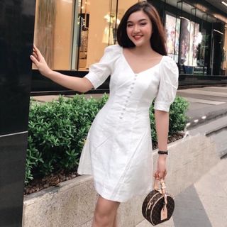 Đầm trắng cổ V nút bọc (kèm hình thật)